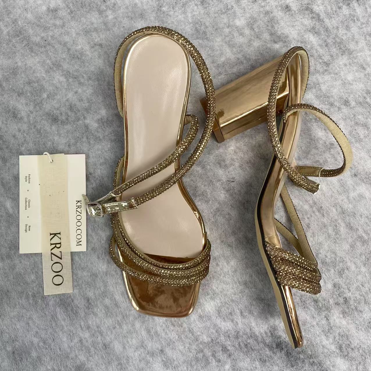 Metal square-toed low-cut high heel