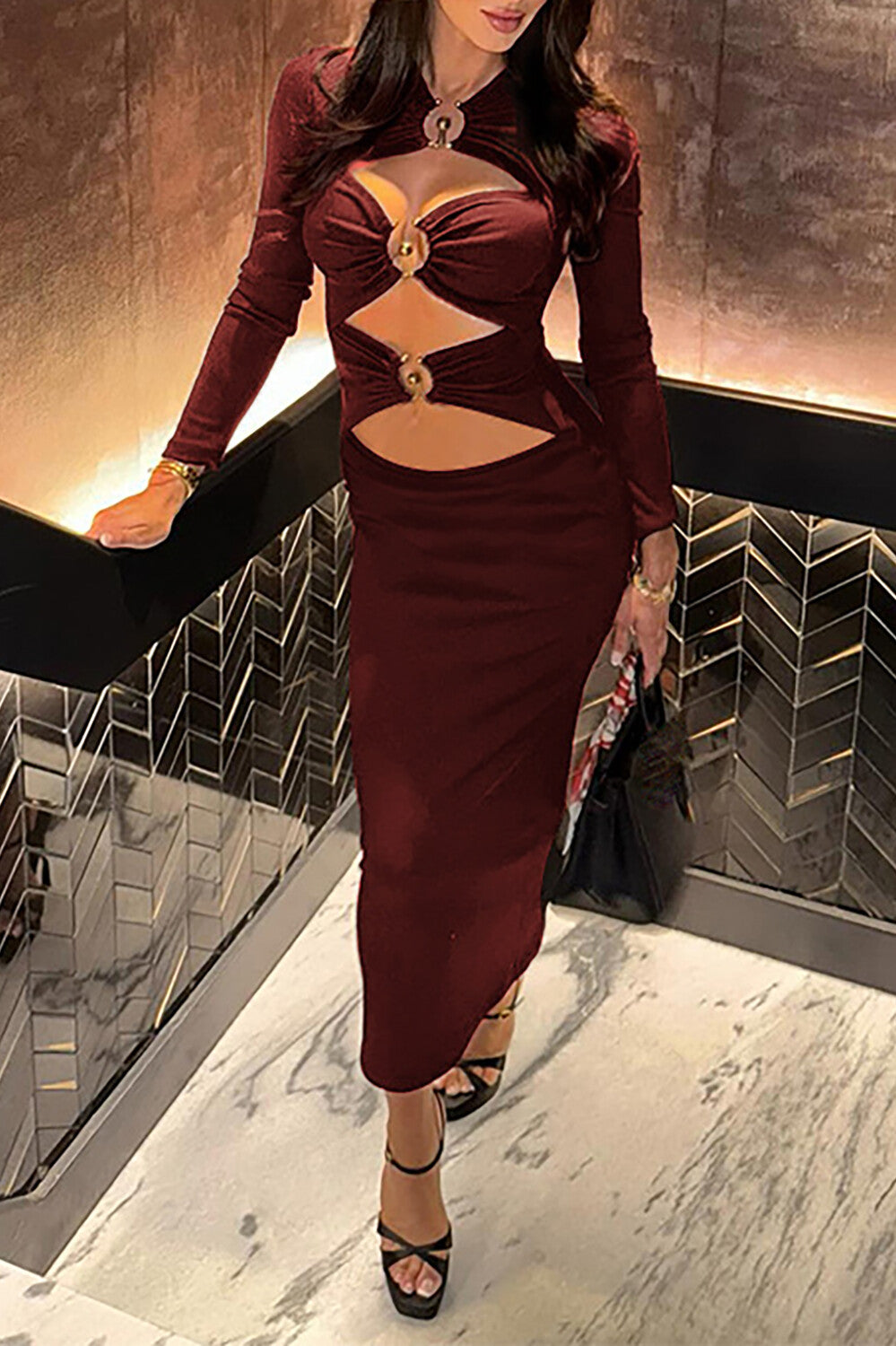 Cutout Long Sleeve Bodycon Solid Color Midi Dresses-ReddishBrown