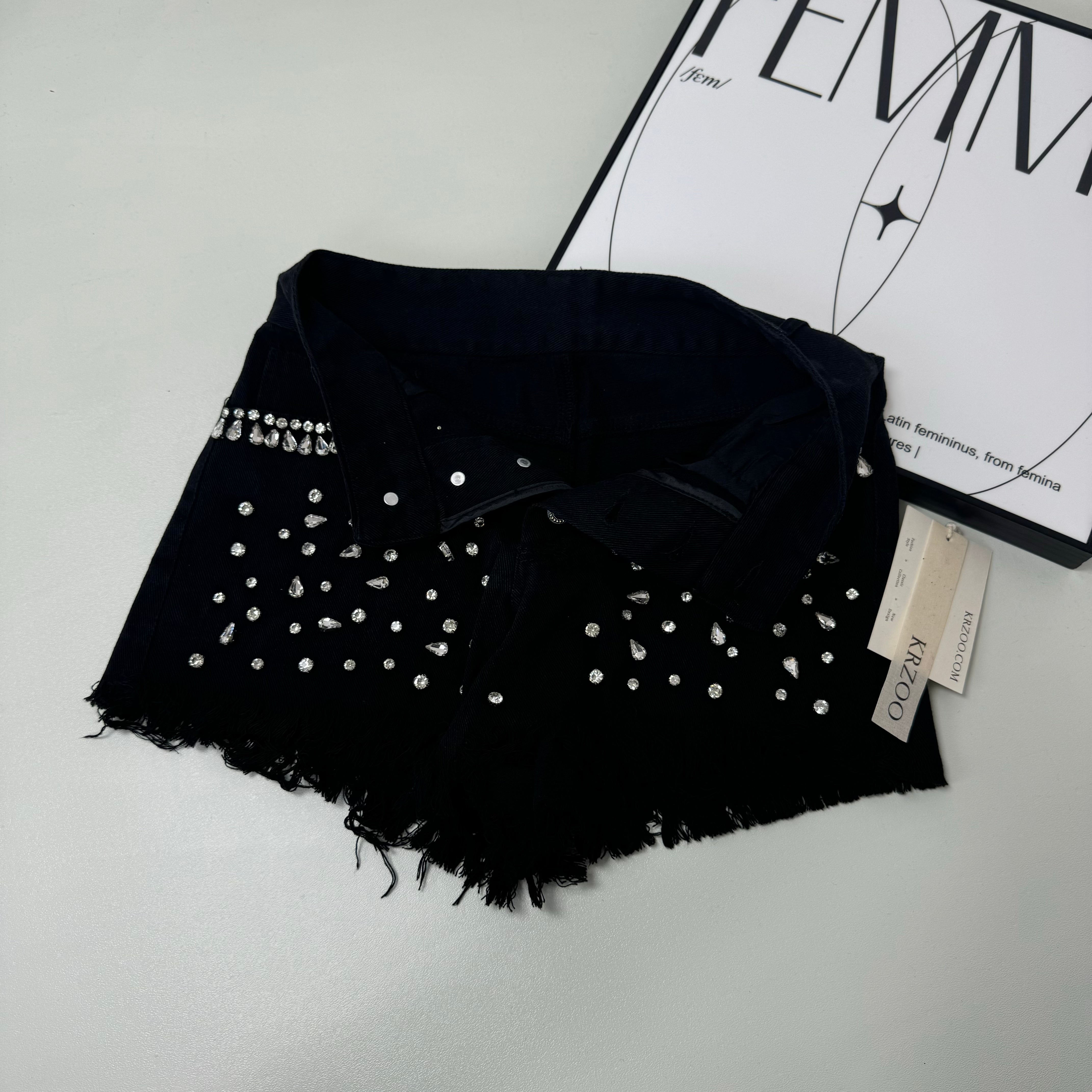 Waterdrop bead fringed denim shorts