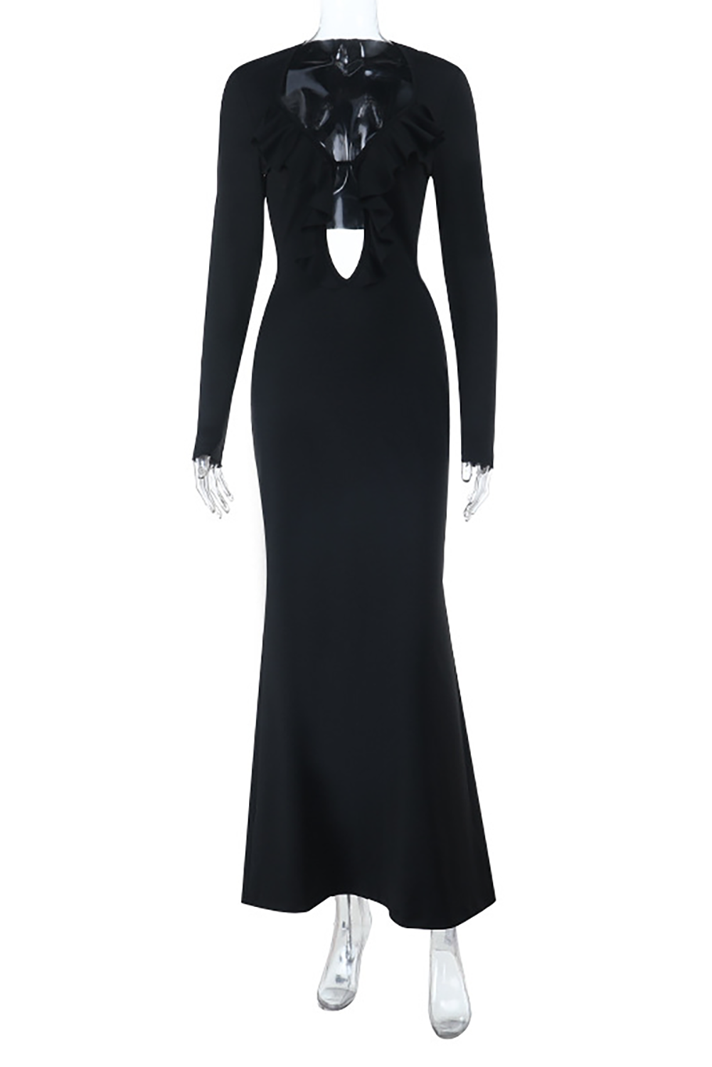 Ruffled Plunge Neck Long Sleeve Cutout Slim Fit Fishtail Maxi Dresses-Black