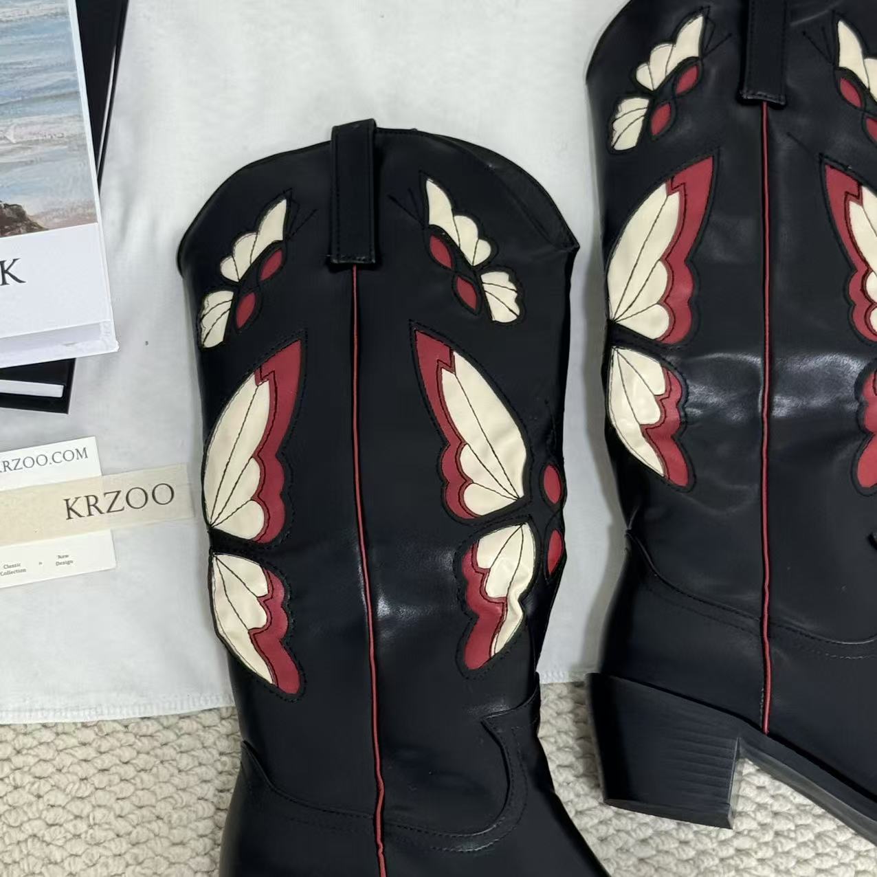 Square-root embroidered high-heeled boots