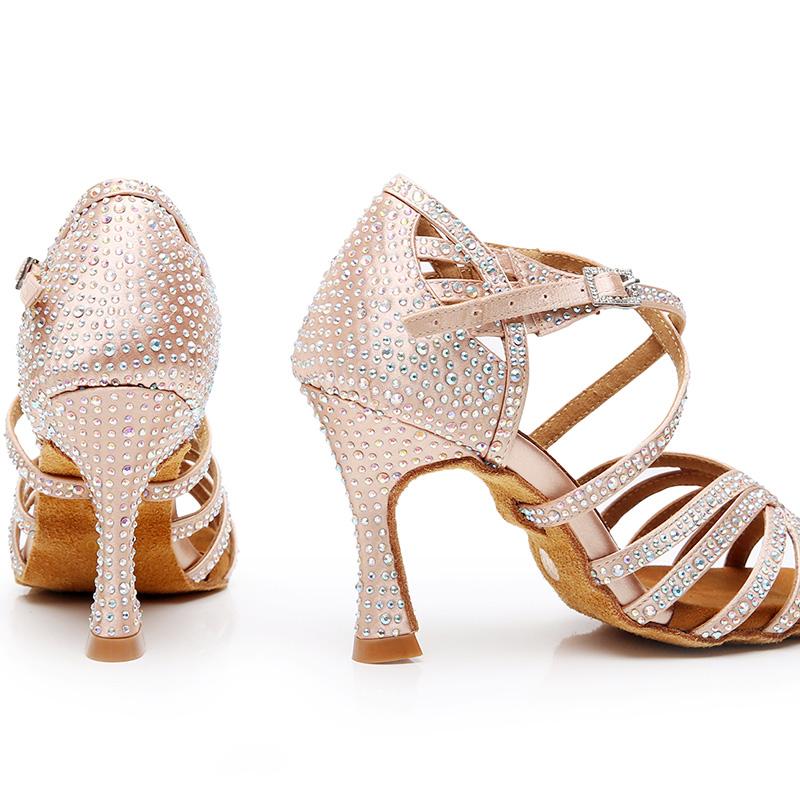 Women's Pink Strappy Satin Rhinestones Customized Heel Dance Shoes