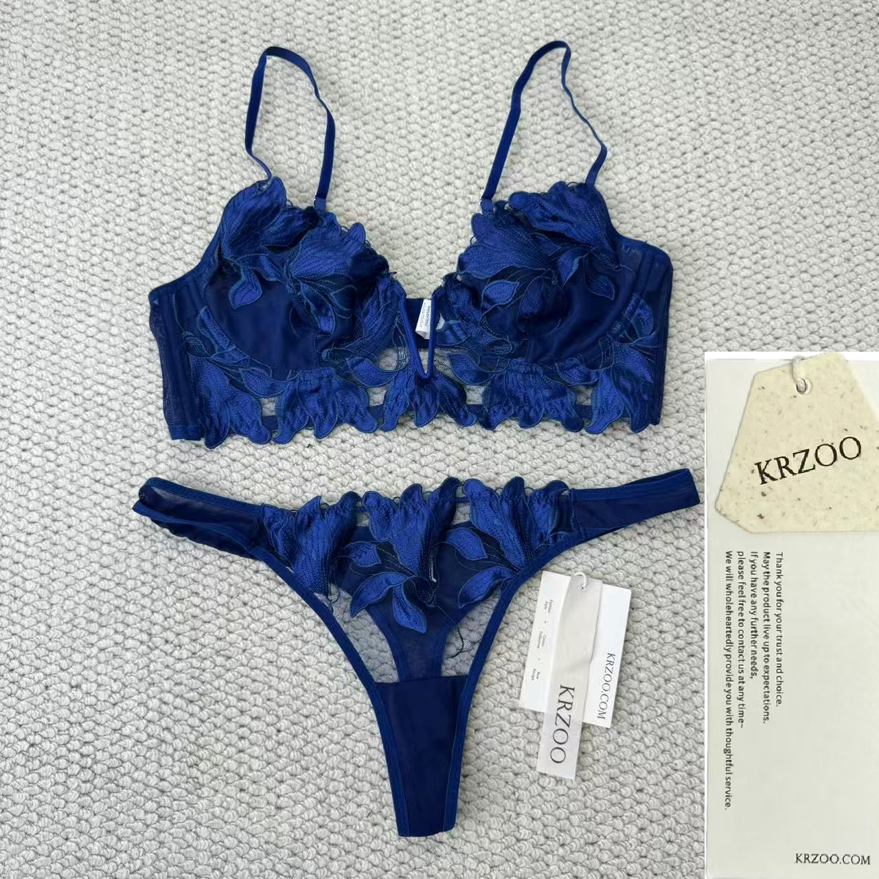 Deep V embroidered lace bra set