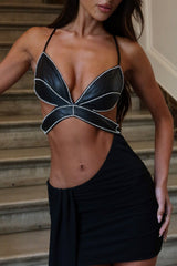 Rhinestone Back Cross Cami Top Sash Maxi Skirt 2pcs Set-Black Pre Order