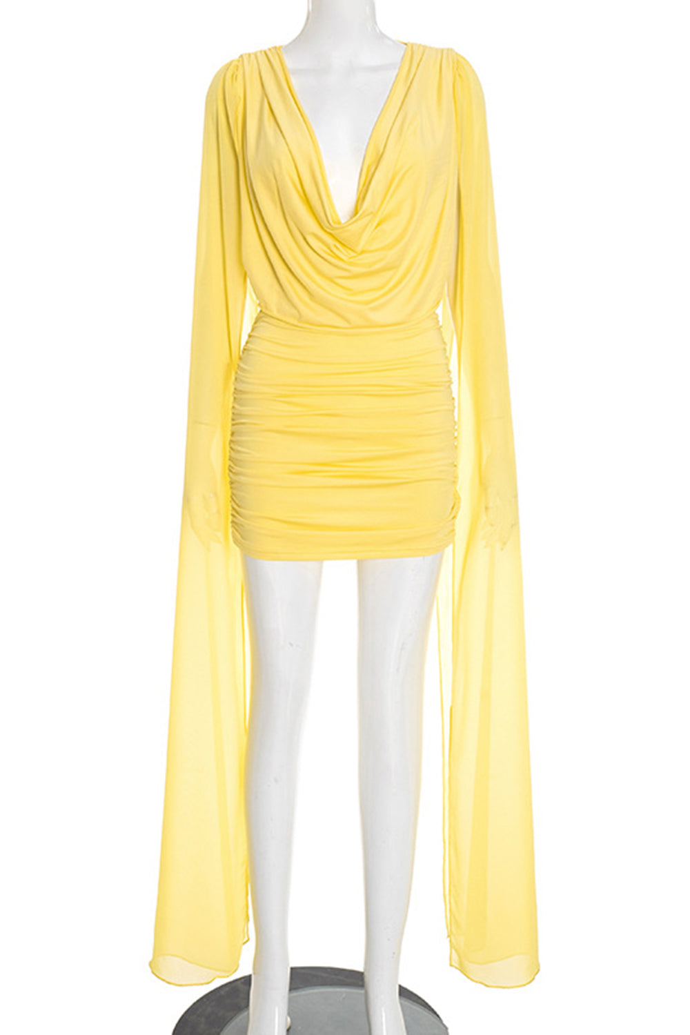 Cowl Neck Long Streamer Chiffon Pleated Mini Dress-Yellow