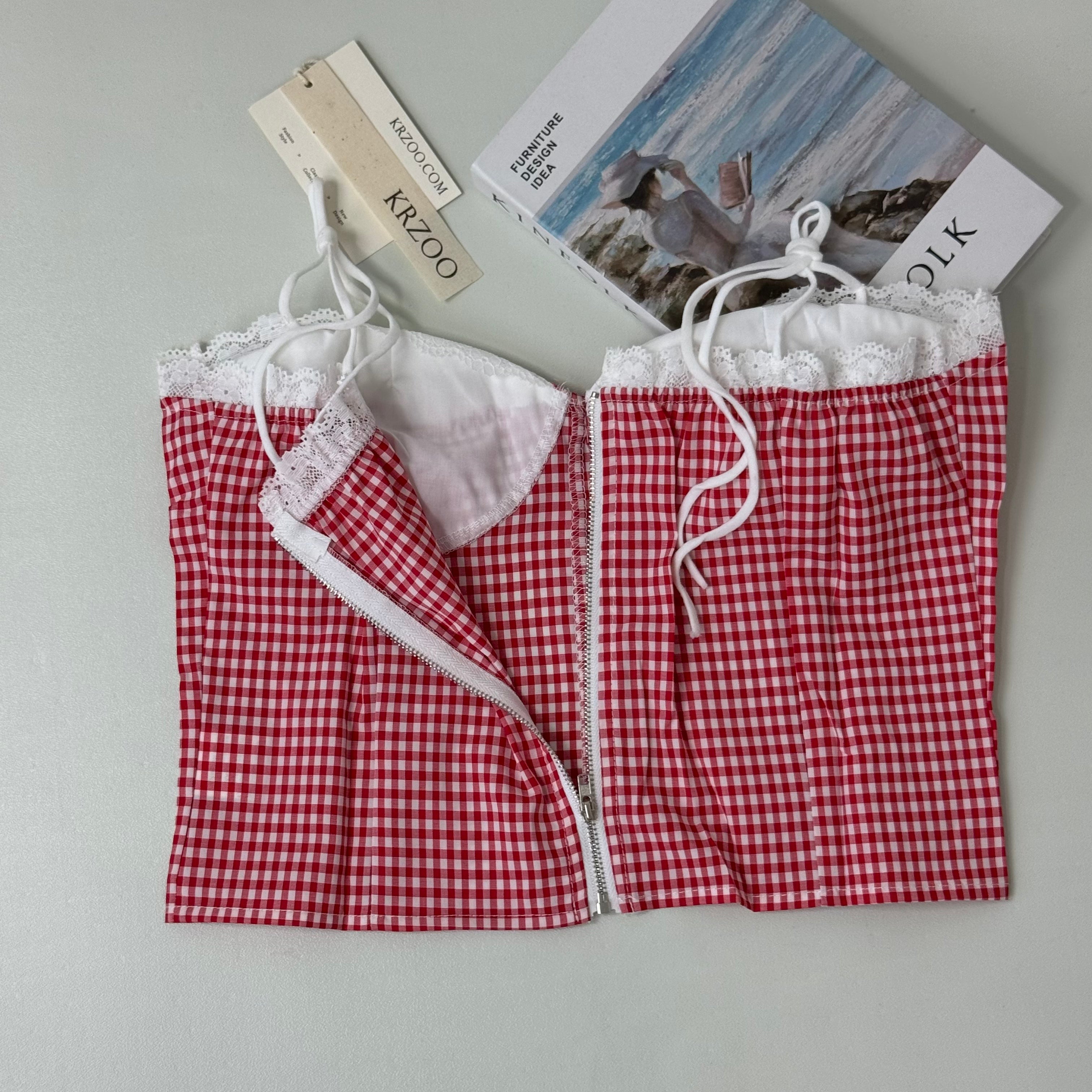 Plaid lace patchwork short bandeau top