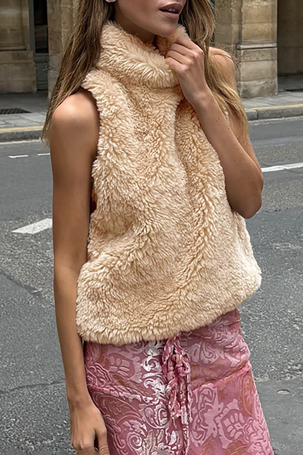 Furry Turtleneck Sleeveless Solid Color Casual Vest-Beige