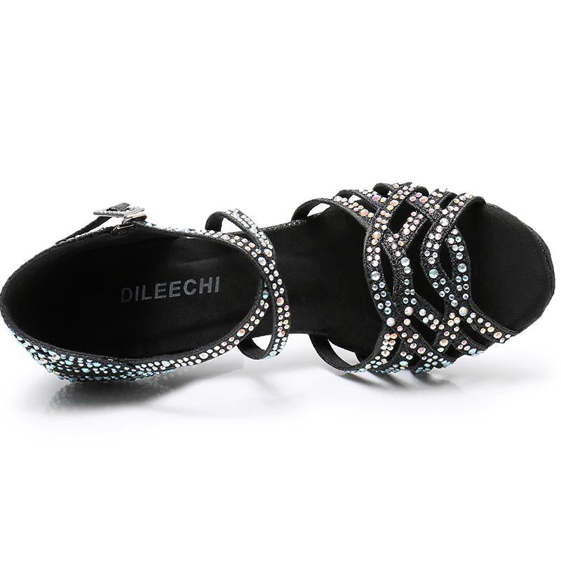 Women's Black Rhinestone Sparkling Glitter Customized Heel Dance Shoes
