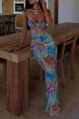 Floral Print Strapless Cutout Bodycon Maxi Dresses Blue