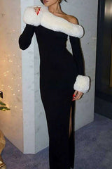 Fuzzy Patchwork Off Shoulder Slim Fit Colorblock Maxi Dresses-Black