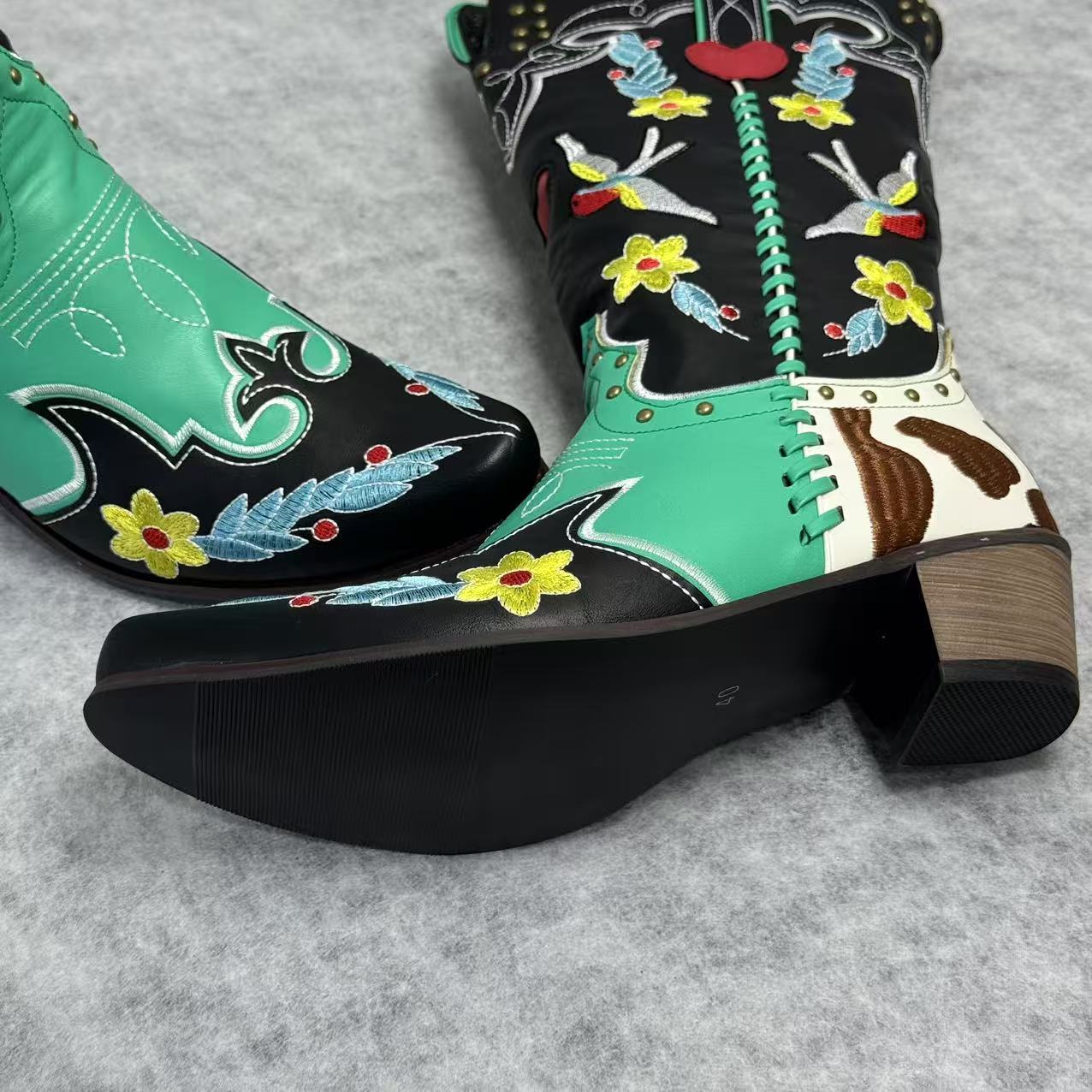 Embroidered rivet color-matched high boots