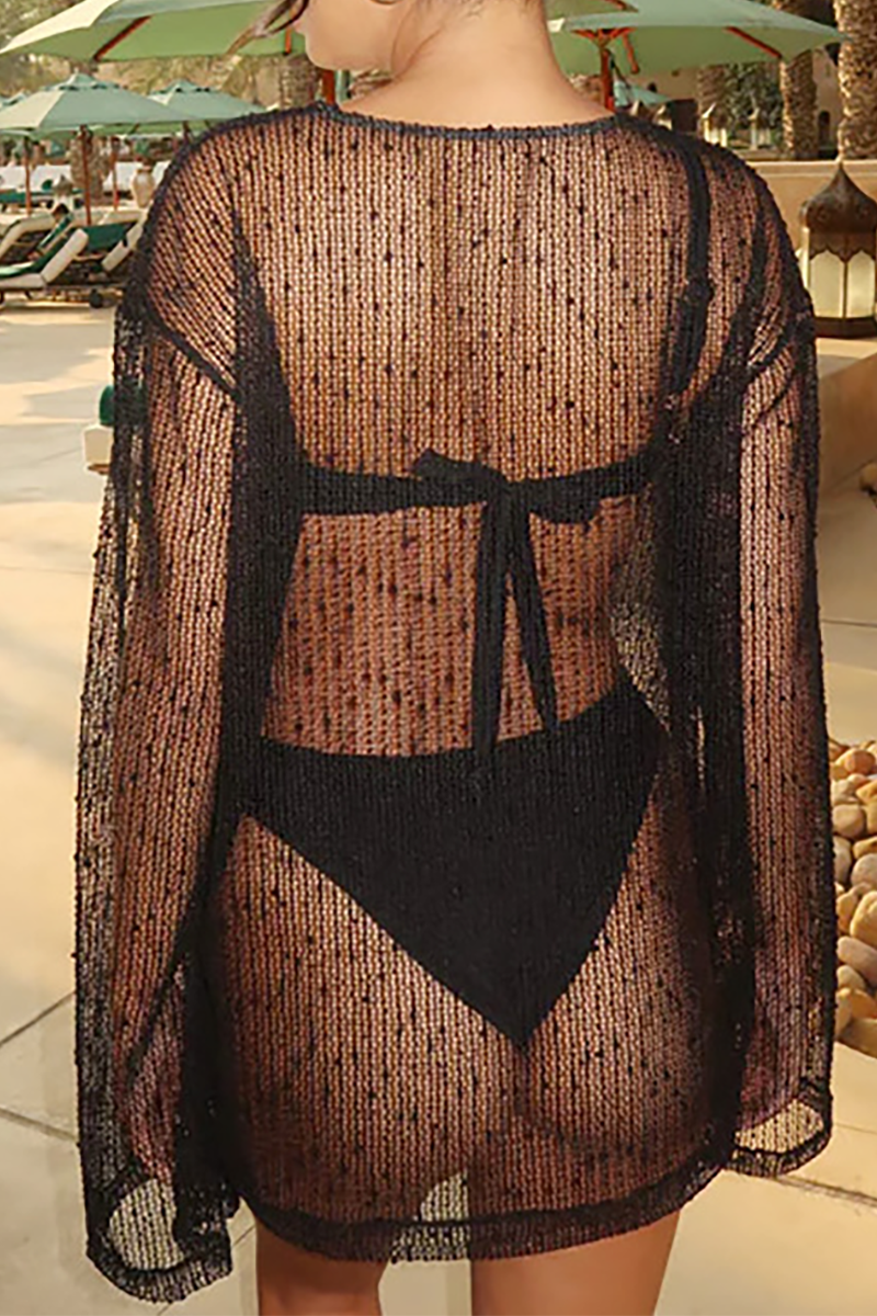 Knit Round Neck Long Sleeve Bikini Cover Ups Top White