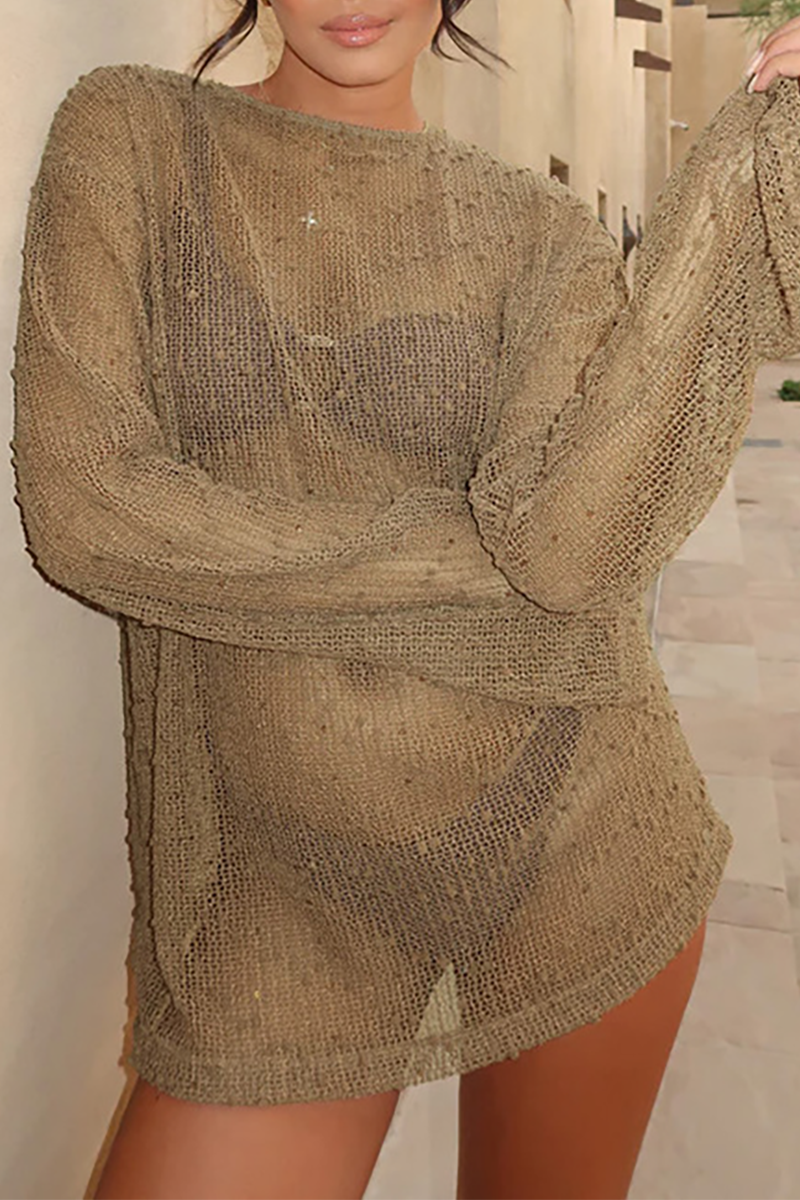 Knit Round Neck Long Sleeve Bikini Cover Ups Top White