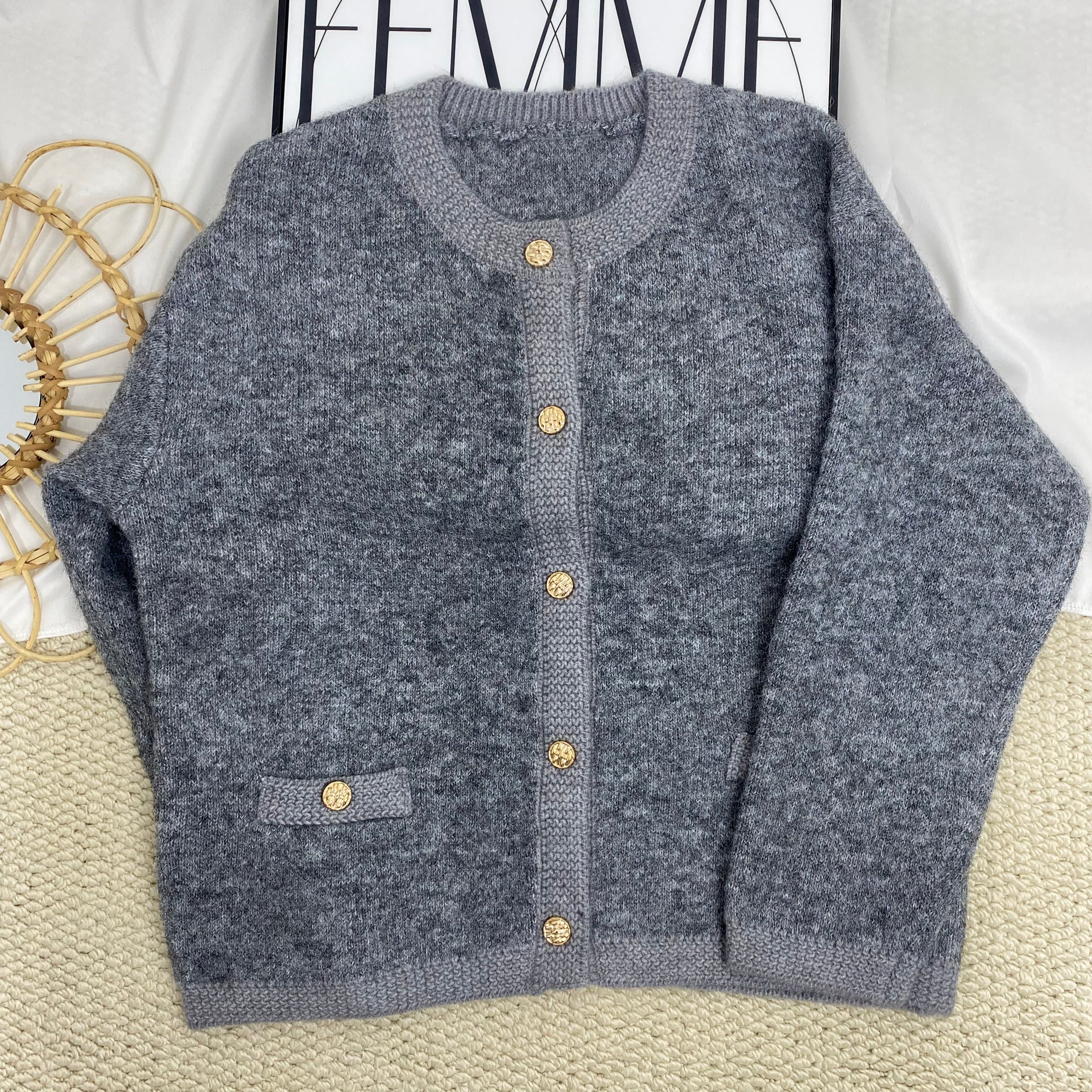Grey Crew Neck Knit Cardigan