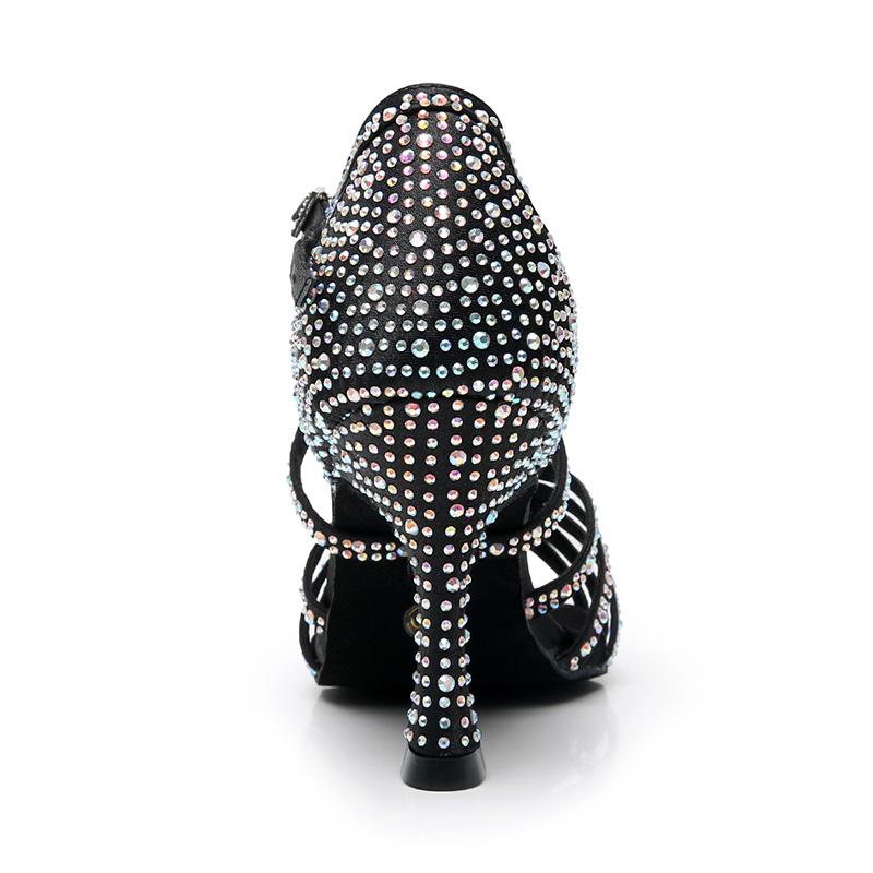 Women's Black Strappy Satin Rhinestones Customized Heel Dance Shoes
