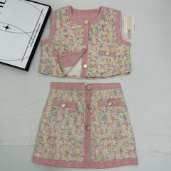 Colorful short jacket and high-waisted skirt set