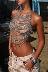 Dangle Chains Cutout Halter Neck Backless Party Crop Top Silver