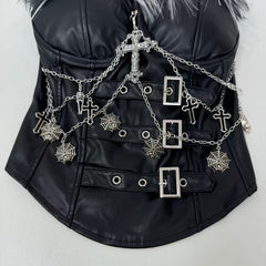 Ruffled PU leather strapless top