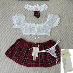 Belted lace-checkered short dress set