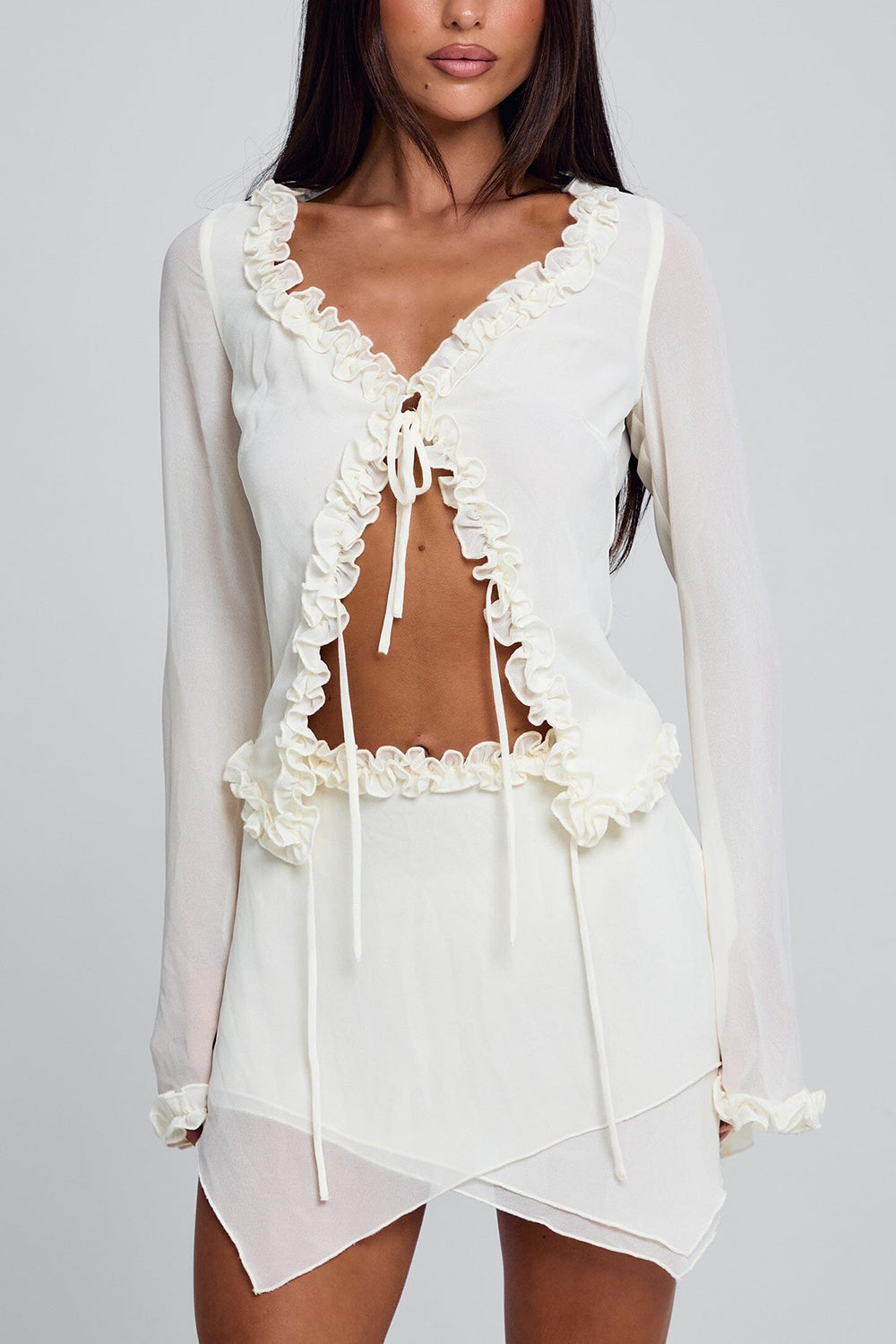 V Neck Ruffled Drawstring Tie Top Mini Skirt Party 2pcs Set-White Pre Order