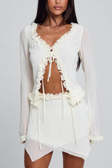 V Neck Ruffled Drawstring Tie Top Mini Skirt Party 2pcs Set-White Pre Order