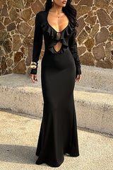 Ruffled Plunge Neck Long Sleeve Cutout Slim Fit Fishtail Maxi Dresses-Black
