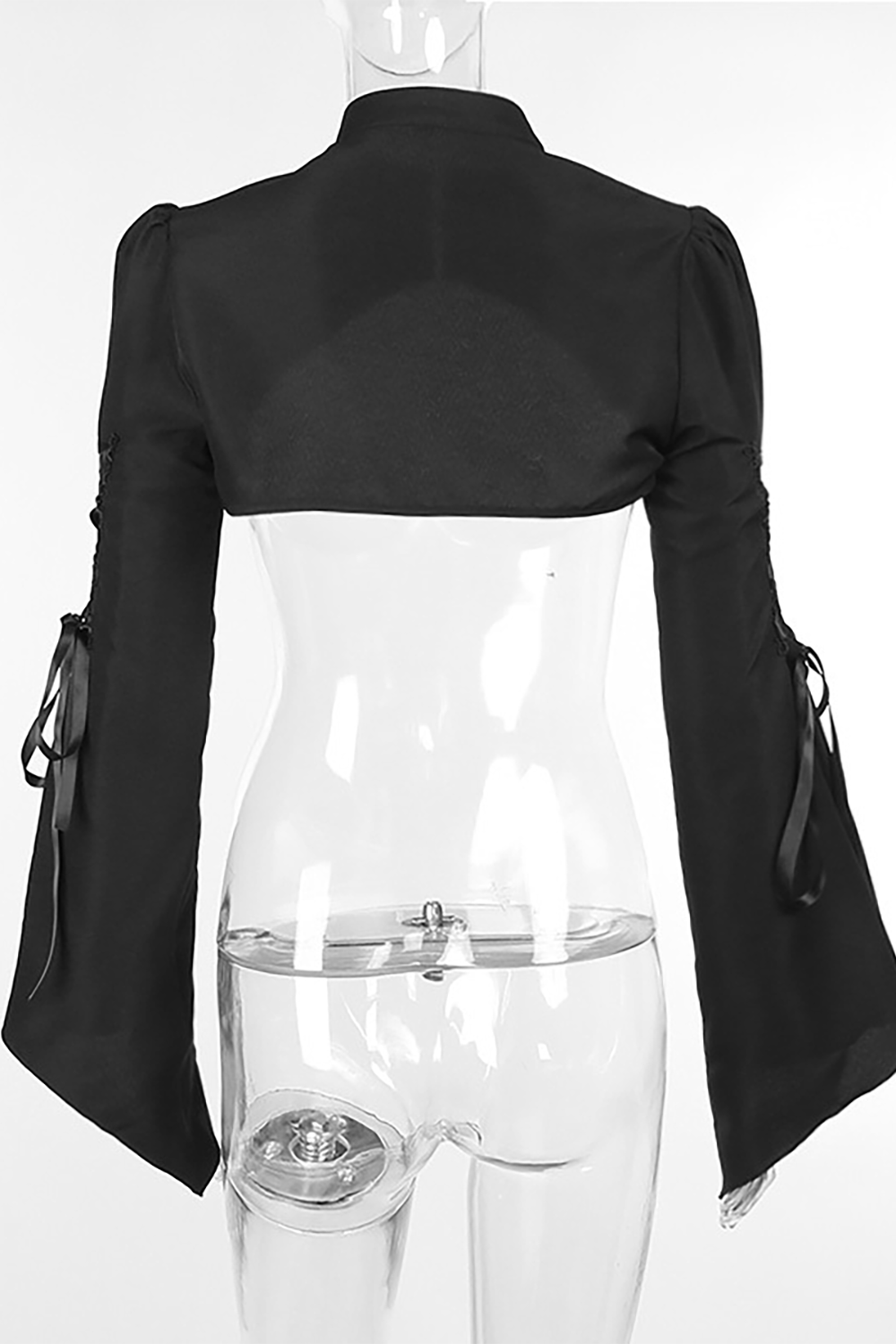 Tie Up Bell Sleeve Stand Collar Crop Top-Black