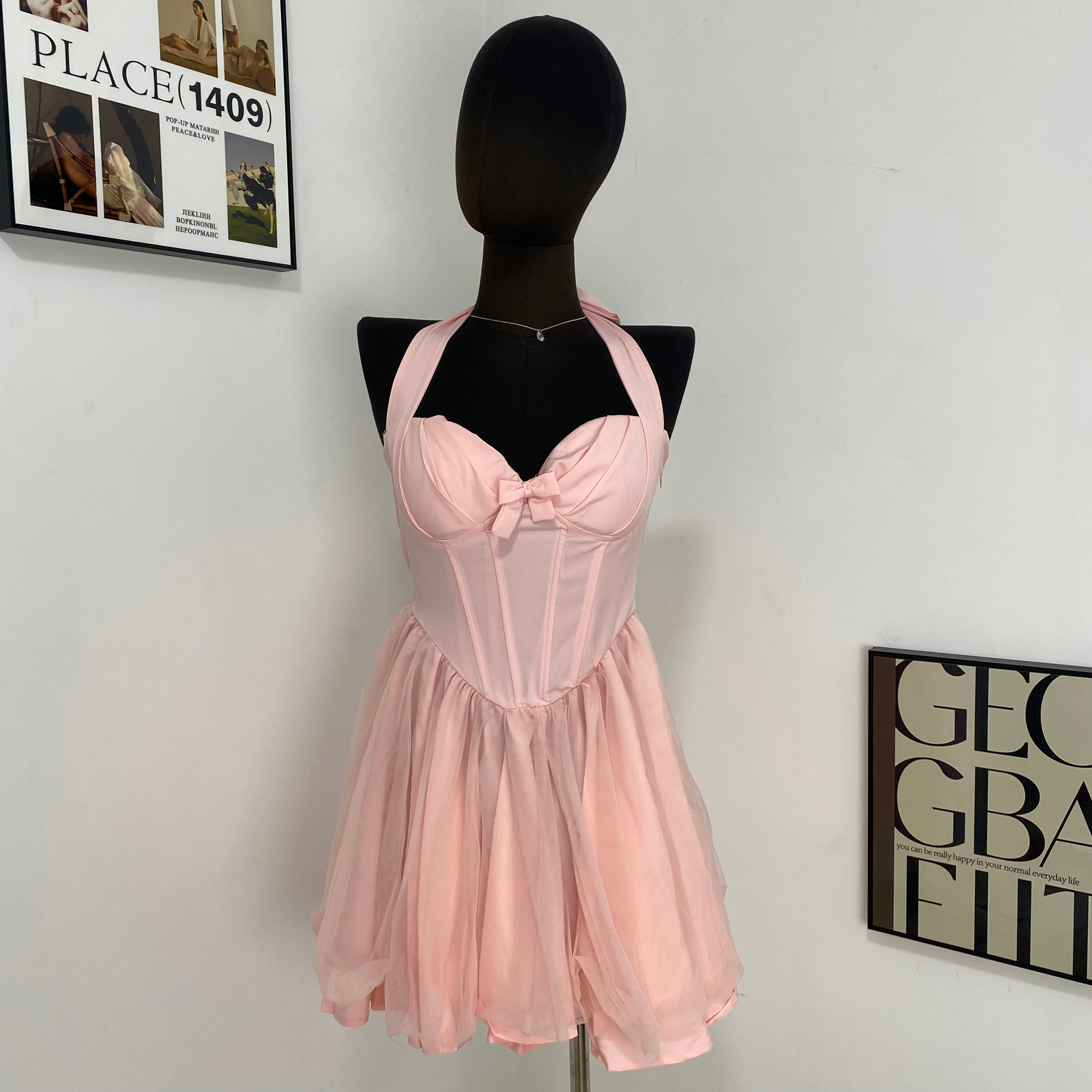 Sweet Herringbone Halterneck Dress