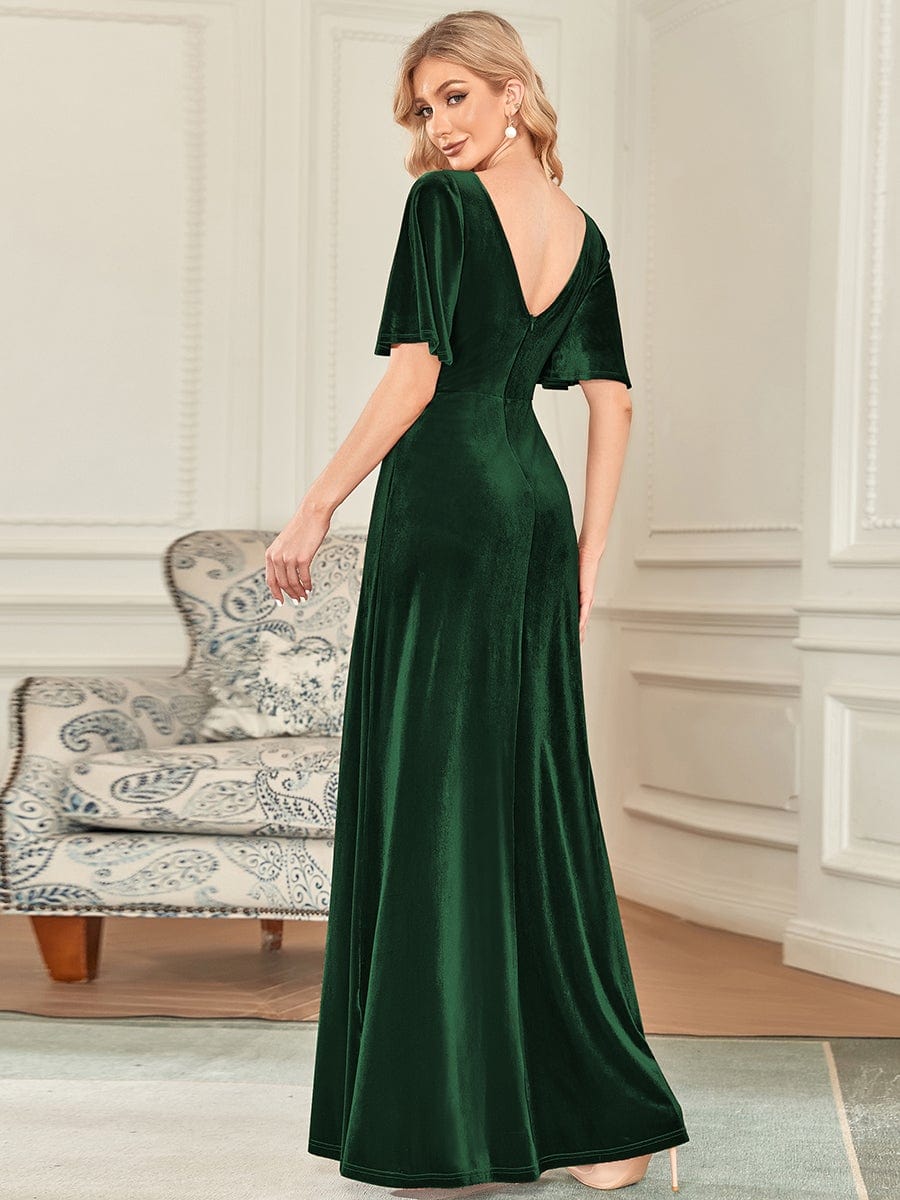 Chic Double V Neck Velvet Party Dress with Ruffled Sleeves