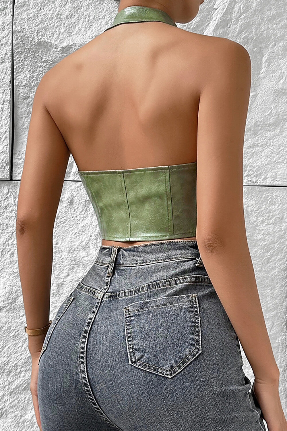 Front Lace Up Deep V Neck PU Leather Halter Crop Top Brown