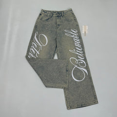 Washed letter-printed sequined denim pants