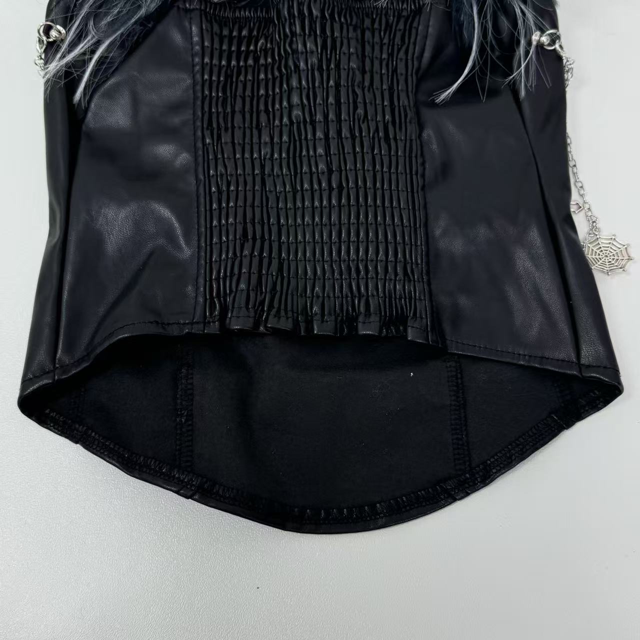Ruffled PU leather strapless top