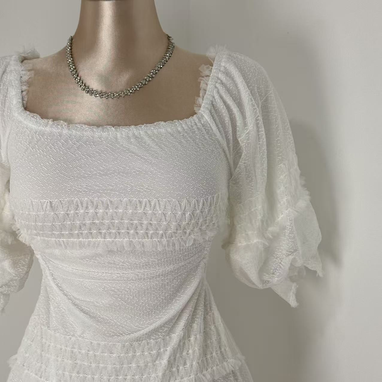White Lantern Sleeve Suspender Dress