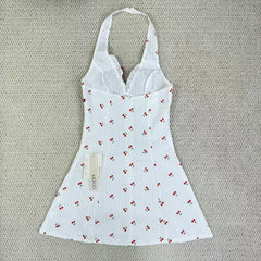 Deep V button-down backless cherry-neckline dress