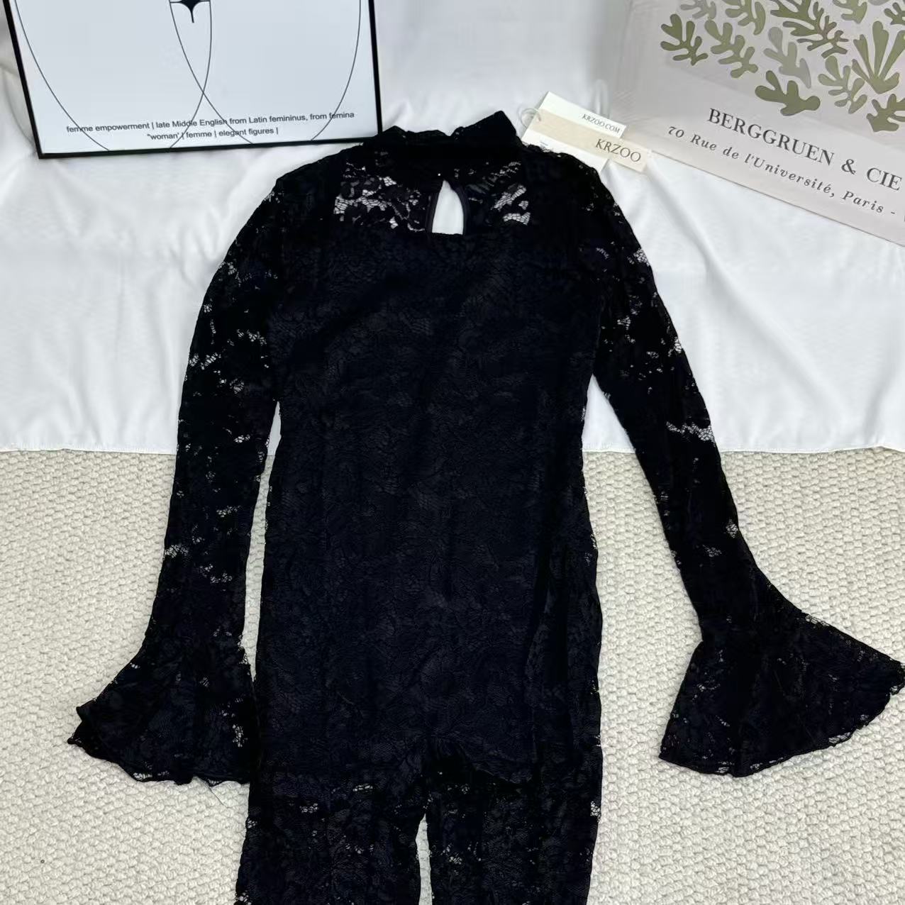 Lace Jumpsuit With Slit Flared Sleeves