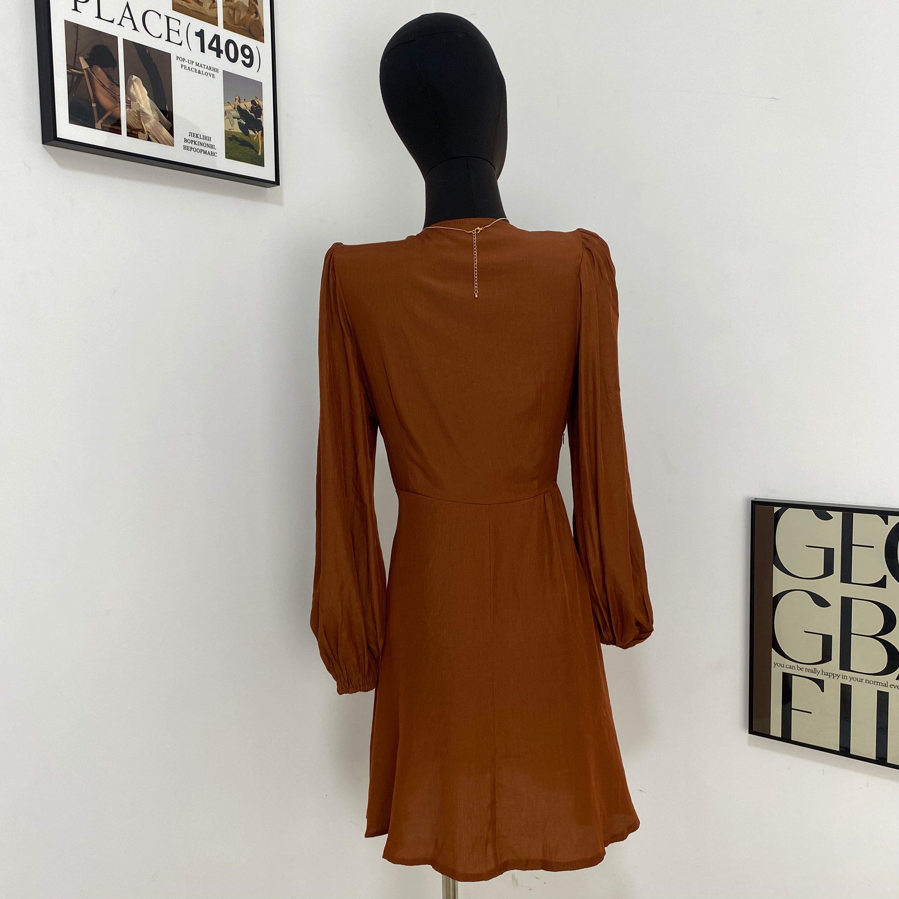 Lantern Sleeve V-Neck Tie Dress