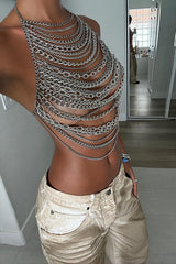 Dangle Chains Cutout Halter Neck Backless Party Crop Top Silver