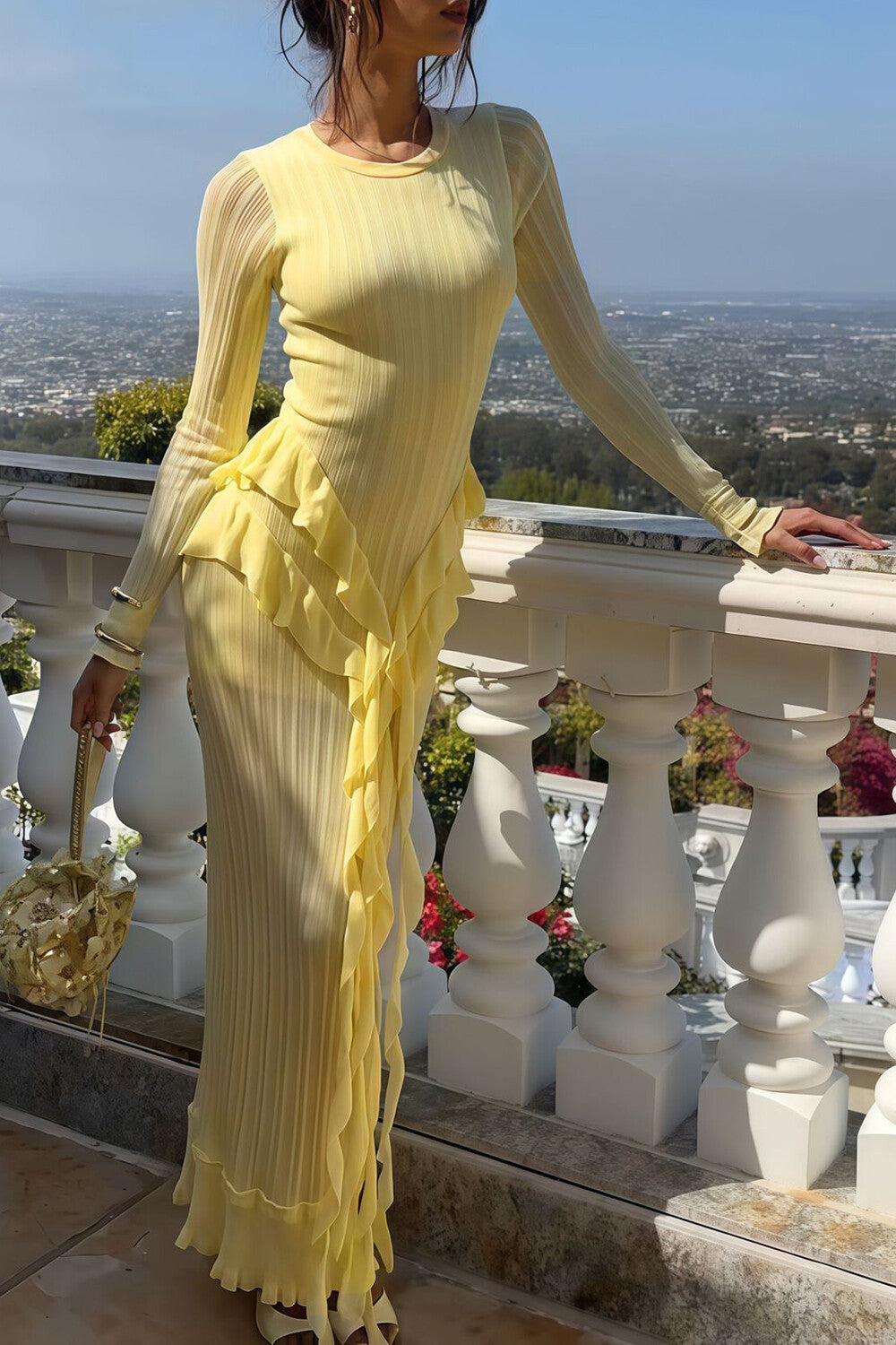 Round Neck Long Sleeve Ruffled Trim Slim Fit Maxi Dresses-Yellow