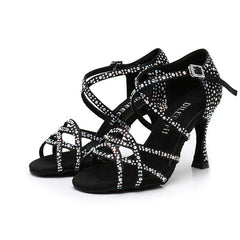 Women's Black Satin Rhinestone Customized Heels Ballroom Latin Dance Shoes