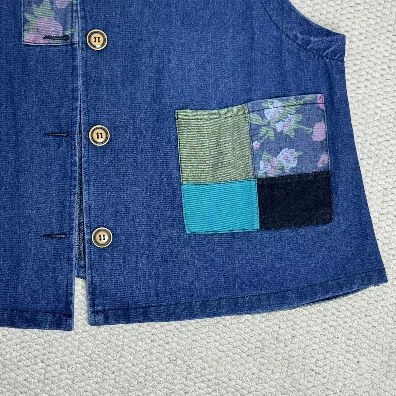 Retro Print Patchwork Denim Vest