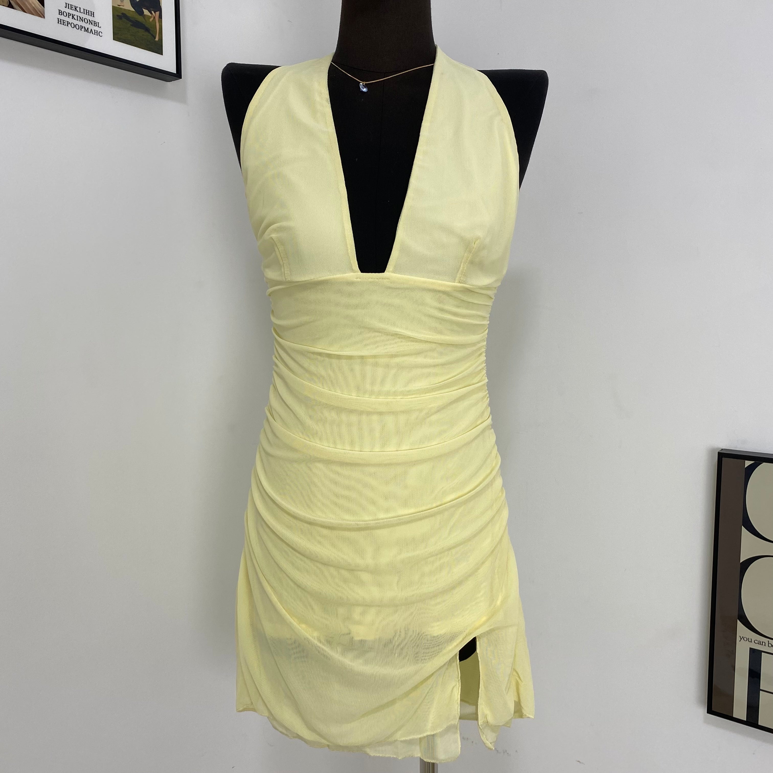Deep V Vest Slit Dress
