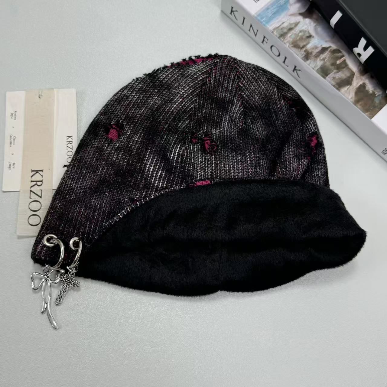 Cross-shaped hole distressed knitted hat