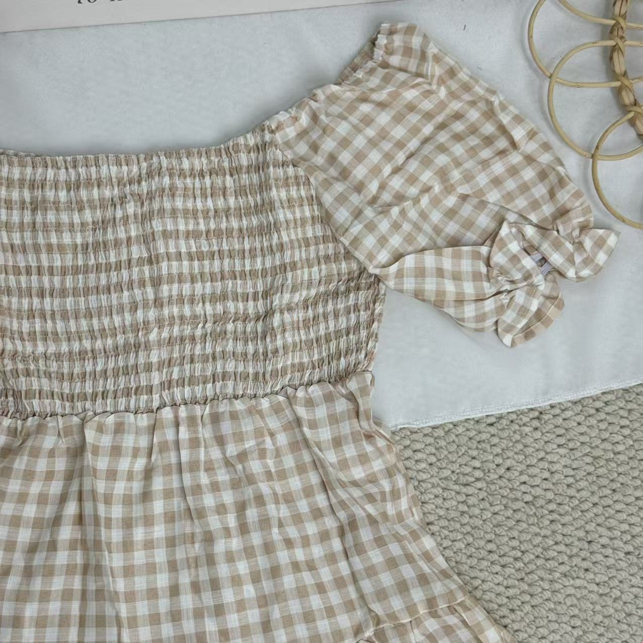 Square-neck checked high-waisted dress