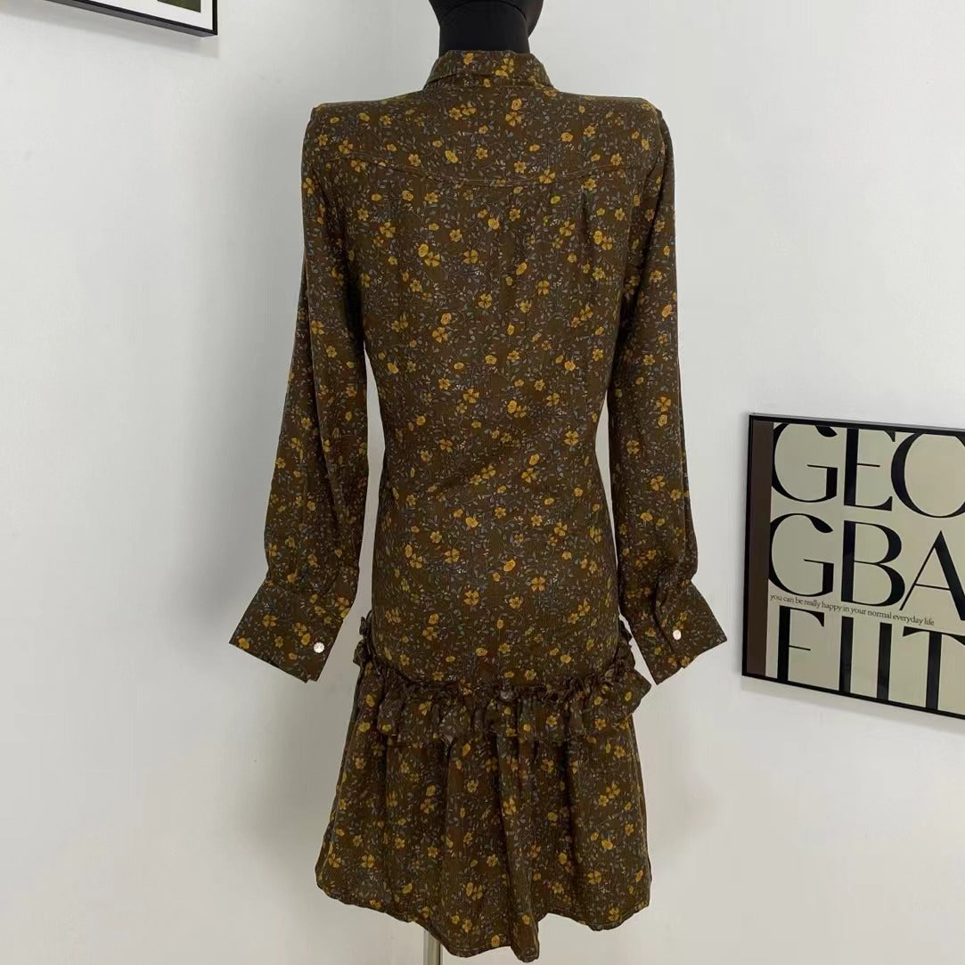 Brown Lace-Up Floral Dress