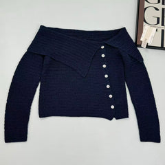 Asymmetric long-sleeved V-neck knitted top