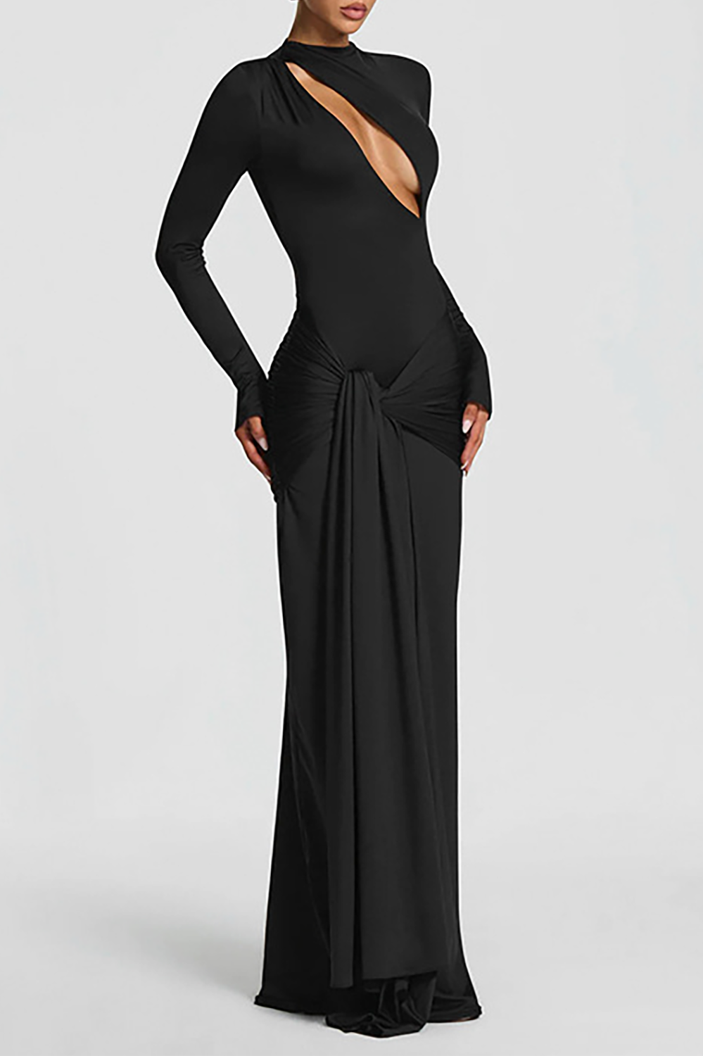 Cutout Round Neck Long Sleeve Ruched Long Streamer Slim Fit Maxi Dresses-Purple