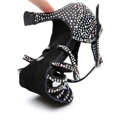 Women's Black Customized Heel Satin Rhinestones Strappy Dance Shoes