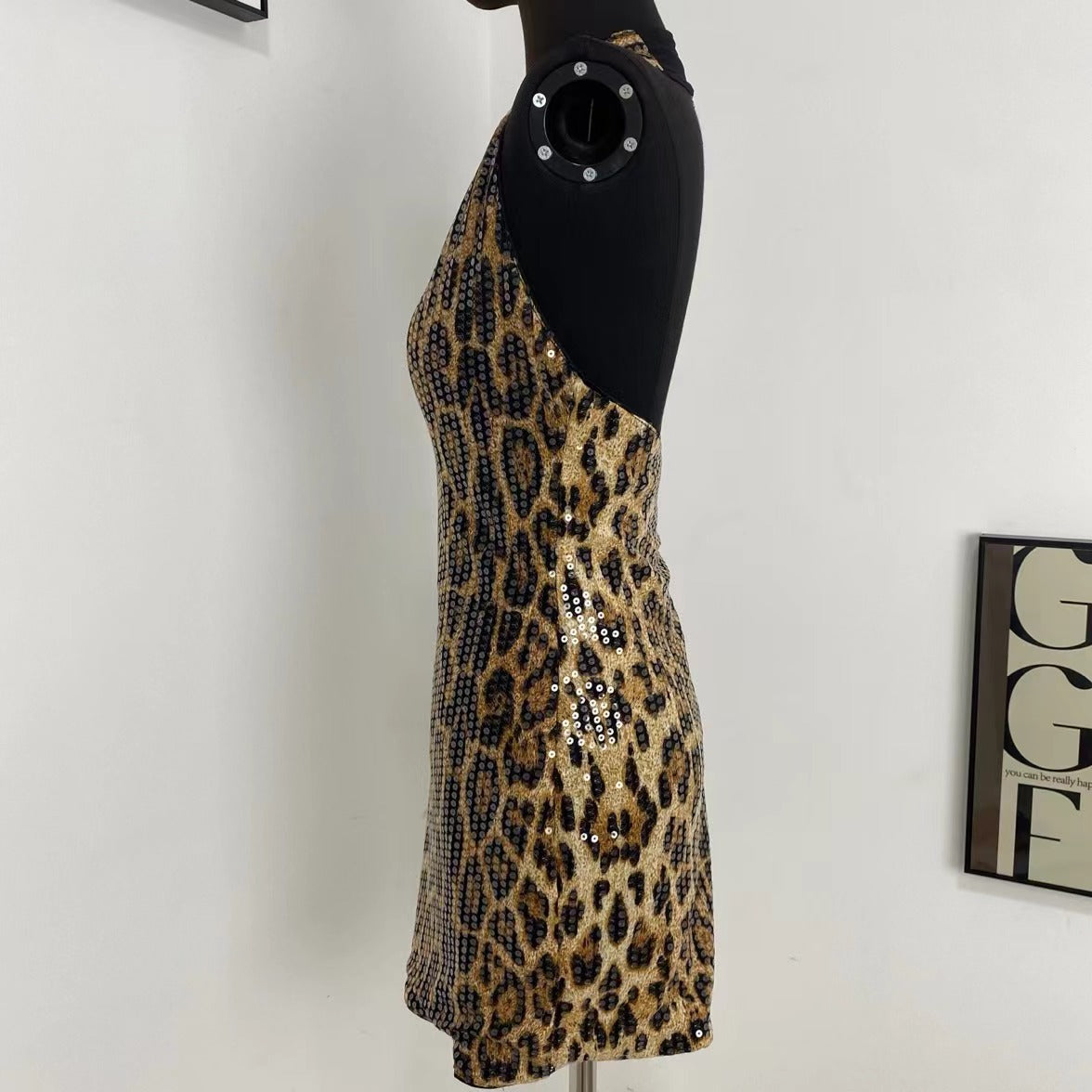 Leopard Print Sequined Backless Dress
