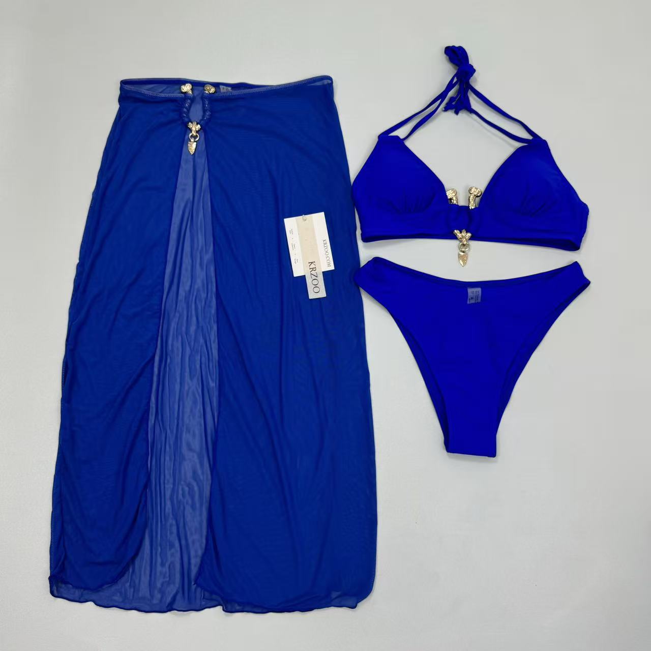 Metal snap long-sleeved three-piece swimming suit