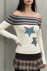 Knit Striped Stars Pattern Off Shoulder Long Sleeve Sweater-Beige